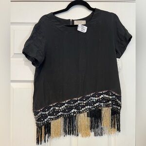 Black beaded short sleeve shirt with beaded fringe new with tags Nicole Miller